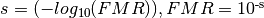 s = (-log_{10}(FMR)), FMR = 10\textsuperscript{-s}